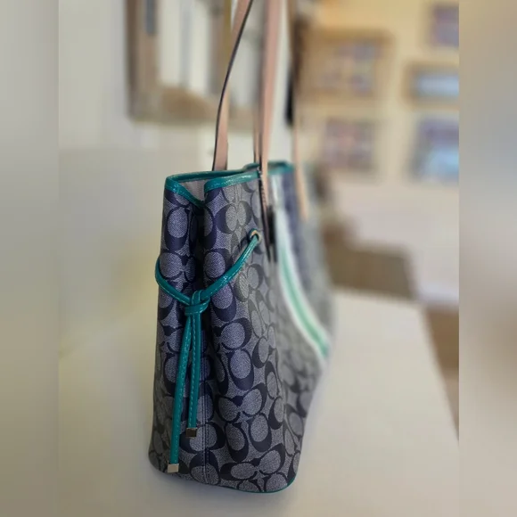 Coach Signature Stripe Large Carryall Tote-Navy Denim Look, Jade Green Stripe - Picture 4 of 16